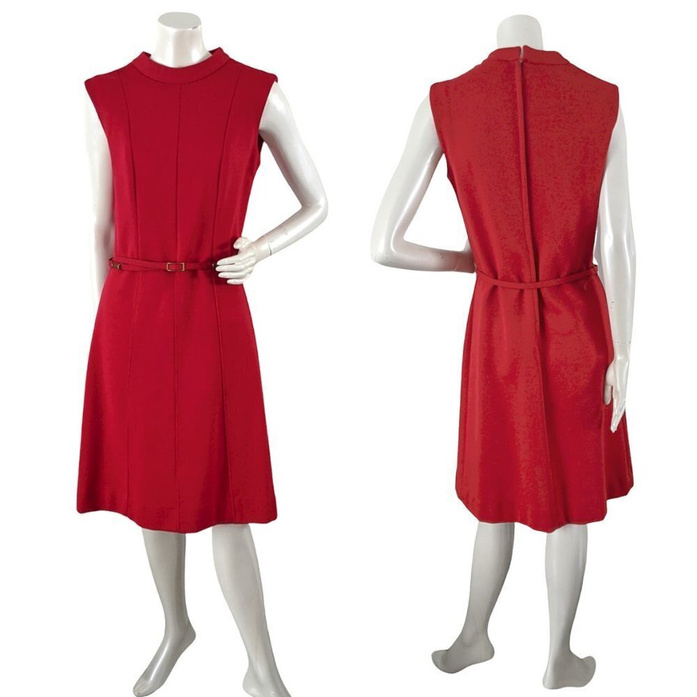 Vintage BLEEKER STREET Retro Dress Sleeveless Fit & Flare Red Belted Small 70s